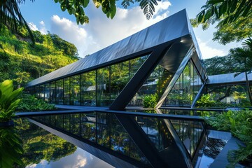A modern office structure with sharp architectural lines, reflective surfaces, and lush surroundings
