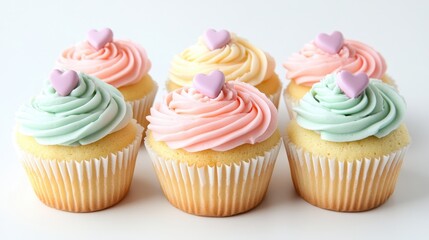 Four colorful cupcakes decorated with sweet frosting, perfect for celebrating Valentine's Day.