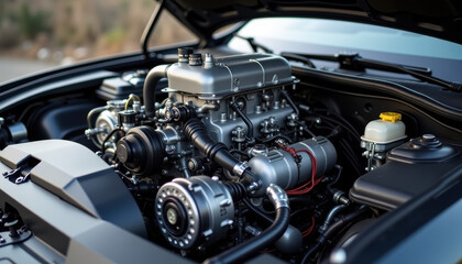 Detailed view of an internal combustion engine integrated with advanced turbo technology, emphasizing its essential components and power dynamics crucial for automotive performance.