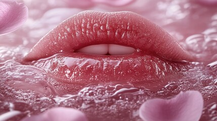 Fototapeta premium Close-Up View of Glossy Lips Surrounded by Soft Petals and Bubbles