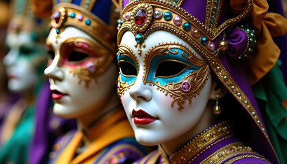 Fototapeta premium Artistic Mardi Gras mask showcasing elaborate decorations and a playful spirit of the carnival, capturing the essence of festive celebrations and cultural traditions.