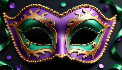 Elegant Mardi Gras mask showcasing vibrant hues and exquisite artistry, symbolizing the lively spirit of carnival celebrations.