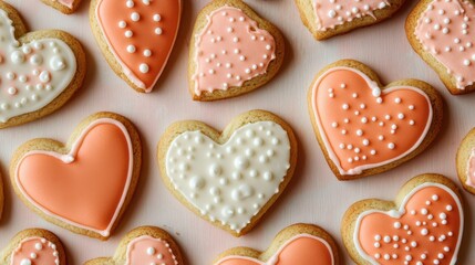 Fototapeta premium A close-up view of heart-shaped cookies arranged beautifully on a table for Valentine's Day celebration.