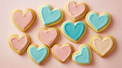 Fototapeta premium Heart-shaped cookies arranged on a pink surface, perfect for Valentine's Day celebrations.