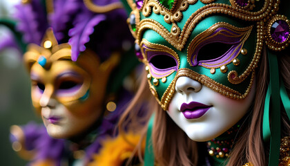 Fototapeta premium Intricate details of Mardi Gras decorations, featuring colorful beads and elegant textures, capturing the lively essence of carnival festivities.