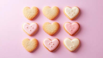 Fototapeta premium A dozen heart-shaped cookies beautifully arranged on a pink surface, perfect for Valentine's Day celebrations.