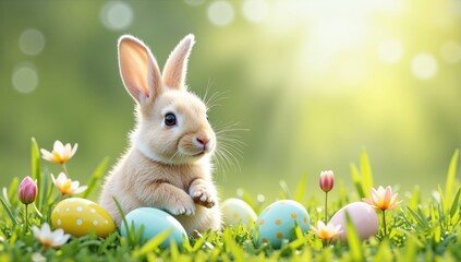 Fototapeta premium Cute easter bunny sitting in grass with colorful eggs and flowers