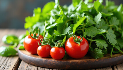 Colorful salad featuring fresh greens and ripe tomatoes in a wooden bowl, showcasing nutrition and flavor in a visually appealing presentation for healthy eating.