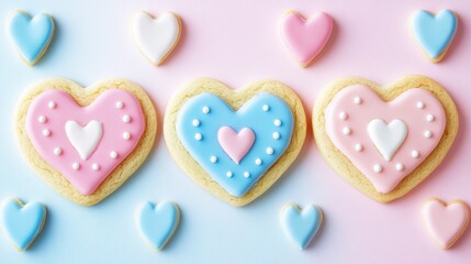 Heart-shaped cookies lined up on a pink surface, perfect for Valentine's Day celebrations and sweet treats.
