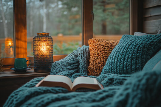 Photo d'un coin lecture cosy avec plaid, livre ouvert et source de lumi&egrave;re, ambiance cocooning hivernale et chaleureuse