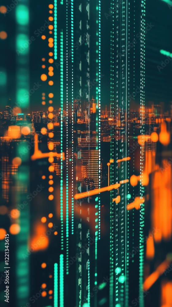 Poster digital cityscape with glowing data streams and futuristic visualizations, showcasing urban skyline 