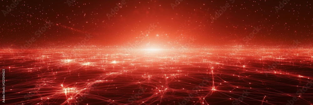 Poster red glowing network of interconnected lines and points creating a digital landscape, resembling a fu