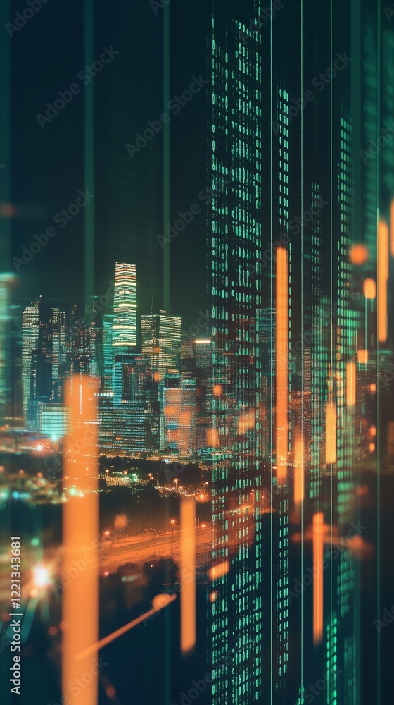 Poster digital cityscape with data visualization, glowing binary code, and financial graphs representing mo