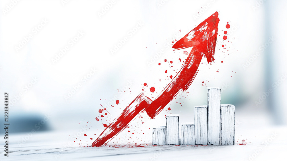 Poster abstract representation of growth and progress red arrow ascending above a bar graph