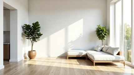Sunlit Modern Minimalist Living Room Interior Design with Wooden Flooring and Comfortable Sectional Sofa