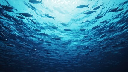 Obraz premium A serene underwater scene showcasing a school of fish swimming through vibrant blue waters illuminated by sunlight.