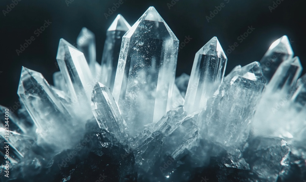 Poster stunning quartz crystal cluster with sharp points and intricate details, glimmering in light, surrou