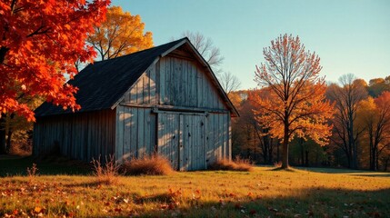 Rustic wooden barn stands serene amidst autumnal foliage, bathed in the warm glow of the setting sun, creating a picturesque landscape of fall colors.