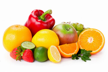 Assorted fresh fruits and vegetables including oranges, lemons, limes, strawberries, apple, green grapes, and red bell pepper with parsley