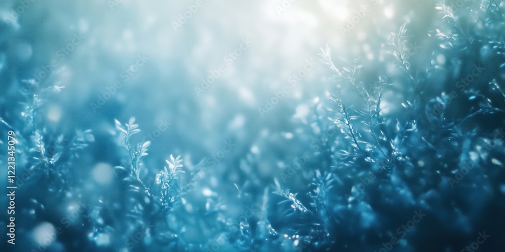 Poster abstract close-up of delicate blue foliage with soft bokeh background, creating a serene and tranqui