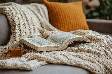 Photo d'un coin lecture cosy avec plaid, livre ouvert et source de lumière, ambiance cocooning hivernale et chaleureuse