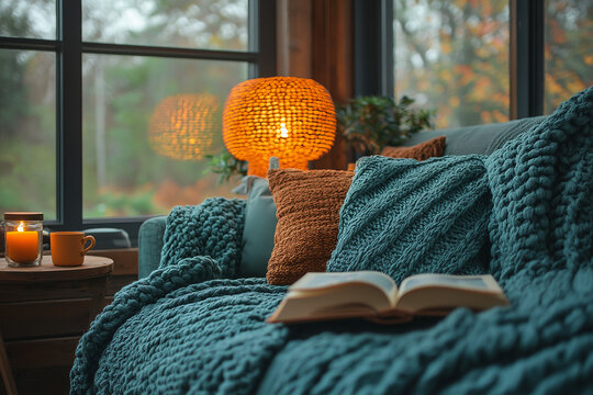 Photo d'un coin lecture cosy avec plaid, livre ouvert et source de lumi&egrave;re, ambiance cocooning hivernale et chaleureuse