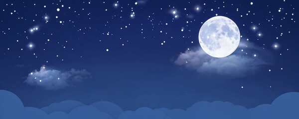 Fototapeta premium Night sky with stars and a full moon illuminating clouds in a serene blue backdrop