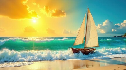 Golden Sunset Sailboat Navigating Ocean Waves Towards Shore