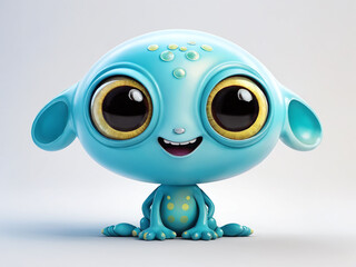 Cute blue cartoon character with big eyes and cheerful expression sitting against a plain background