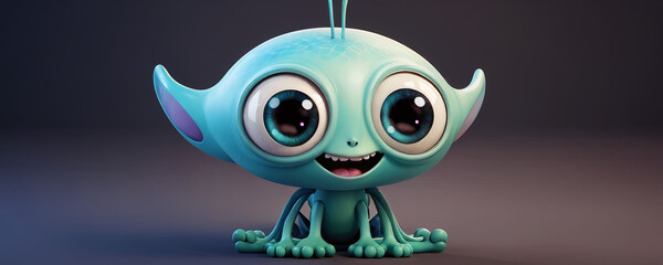 Cute character with large eyes and playful expression sitting on a dark background