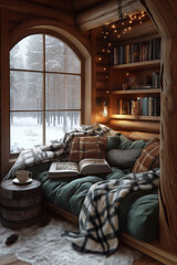 Fototapeta premium Photo d'un coin lecture cosy avec plaid, livre ouvert et source de lumière, ambiance cocooning hivernale et chaleureuse