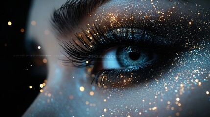 Close-Up Image of Eye with Glitter Makeup and Shimmering Background