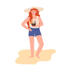 Beach vacation. Happy woman standing on sand. Tropical cocktail. Summer travel. Person walking or relaxing in nature. Summertime outdoor tourism. Seashore relaxation. Vector girl character