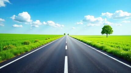 Asphalt Road Through Verdant Fields Under a Summer Sky, Leading to a Distant Horizon with Small Trees