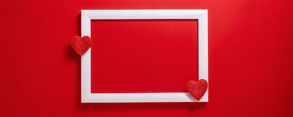 Empty picture frame with decorative red hearts on a vibrant red background for romantic occasions or events