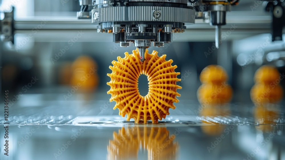 Poster additive manufacturing process creating intricate orange object