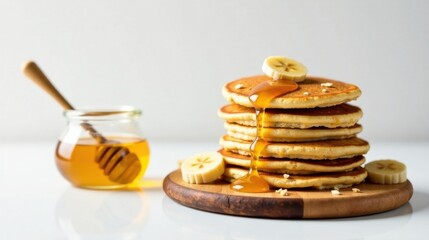 A delectable stack of golden-brown pancakes, drizzled with sweet honey and adorned with fresh banana slices, rests on a rustic wooden board, accompanied by a honey pot and dipper.