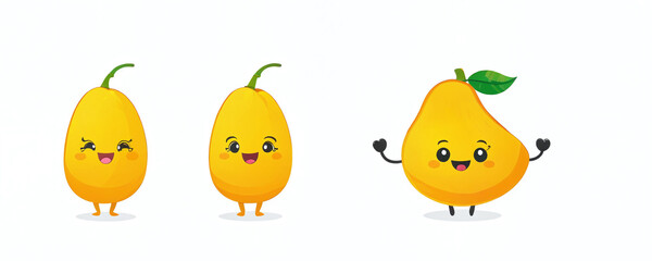 Cute cartoon fruits with smiling faces and cheerful expressions in a playful design