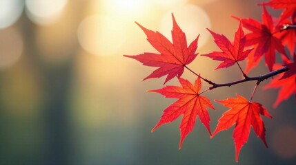 Fototapeta premium Autumnal foliage, illuminated by the warm glow of the setting sun, showcases vibrant red maple leaves on a slender branch, creating a serene and picturesque scene.
