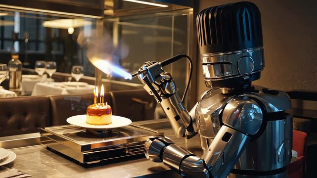 robot chef lights candles on cake in kitchen