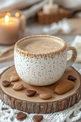 Obraz premium A cozy cup of coffee accompanied by almonds on a rustic wooden plate, perfect for a romantic Valentine's Day treat.