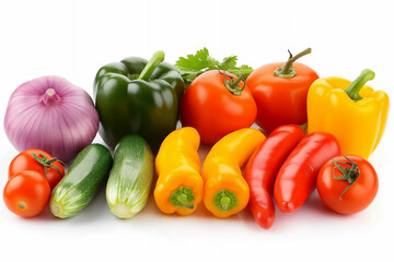 Assorted fresh vegetables including tomatoes, cucumbers, yellow and red chili peppers, green bell pepper, yellow bell pepper, and red onion with parsley