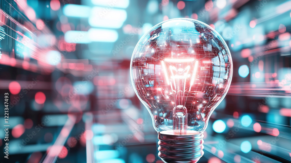Poster glowing glass lightbulb with digital data in vibrant abstract background