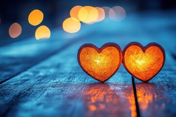 Fototapeta premium Two wooden hearts rest together on a table, symbolizing love and connection on Valentine's Day.