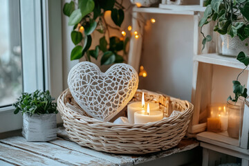 A cozy scene featuring candles and a heart-shaped candle in a basket on a window sill, perfect for Valentine's Day.
