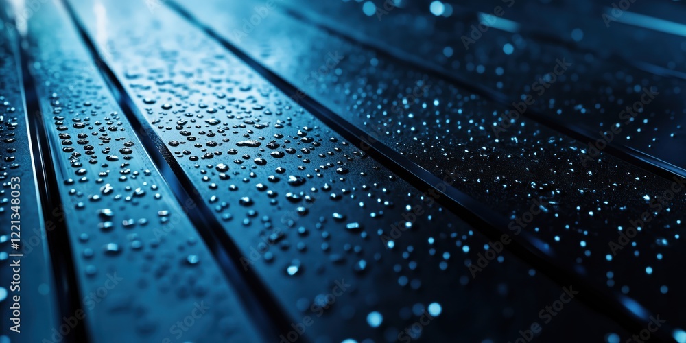 Aufkleber water droplets on dark metallic surface creating a mesmerizing blue texture, showcasing reflections 