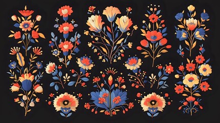 Fototapeta premium Decorative floral folk art pattern with red, blue and peach flowers on black background, perfect for textile design, stationery and surface patterns.