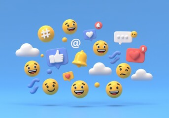social media icons and communication symbols set against a lively blue background.