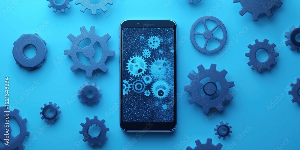 Poster smartphone with gears and cogs representing technology, innovation, and automation in a blue-themed 