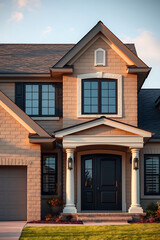 Obraz premium Luxury Brick House Exterior: Modern Home Design and Architecture. Elegant Facade, Landscaping, and Spacious Entrance. Real Estate Photography